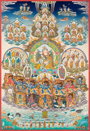 Guru Rinpoche Refuge Tree Thangka Painting With Buddhas, Dharmapalas and Buddhist Masters From Nyingma Lineage